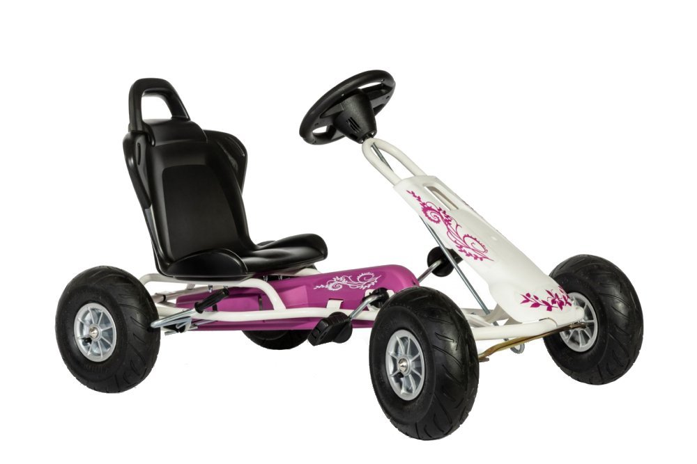 Kart Air Runner Flower, alb, scaun ajustabil, functie free-wheel, roti pneumatice, frana de mana, volan cu sunete, 102 X 60 X h64 cm – imaginea 7