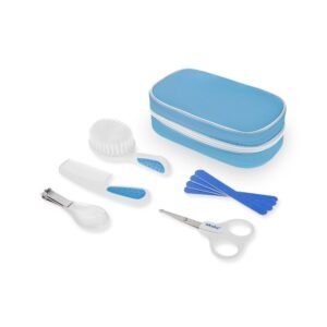 Kit de ingrijire pentru bebelusi Akuku Albastru in gentuta depozitare cu fermoar, include  forfecuta, unghiera, pila de unghii,pieptene,perie de par