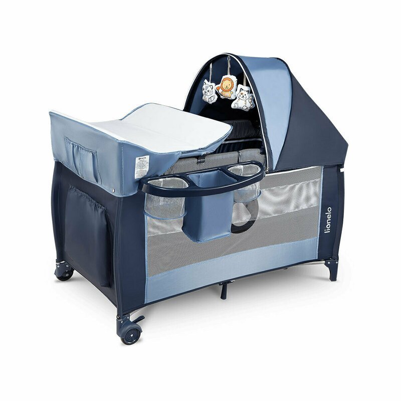 Patut pliant Lionelo Sven Plus Blue Navi cu doua nivele, cu arcada jucarii, masuta de infasat, vibratii, melodii  conform cu standardele europeane de securitate EN716 si EN12221