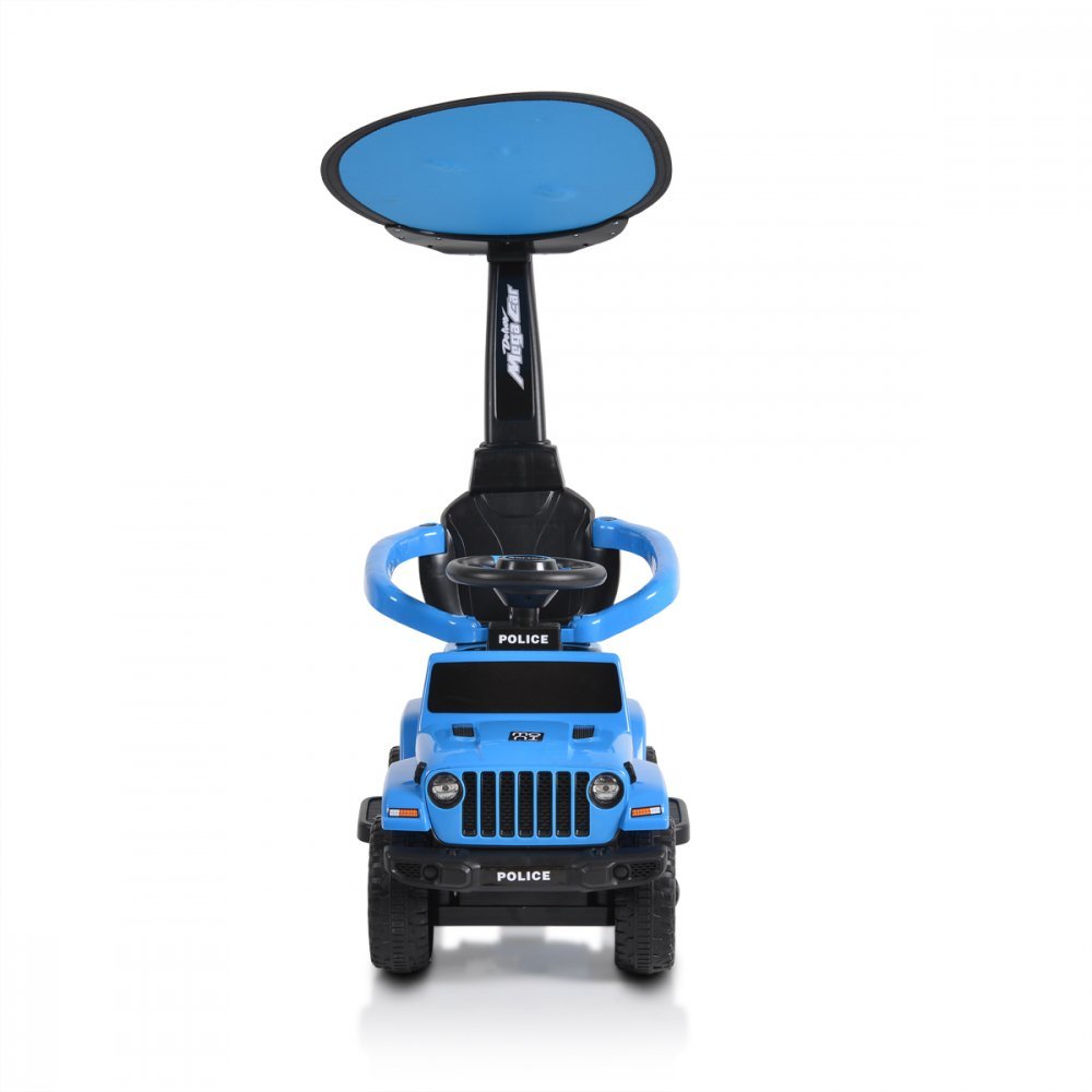 Masinuta copii fara pedale Moni Police Blue cu maner parental detasabil, suport pentru picioare,  protectie care previne rasturnarea pe spate a copilului, volan cu melodii distractive, bara de protectie – imaginea 4