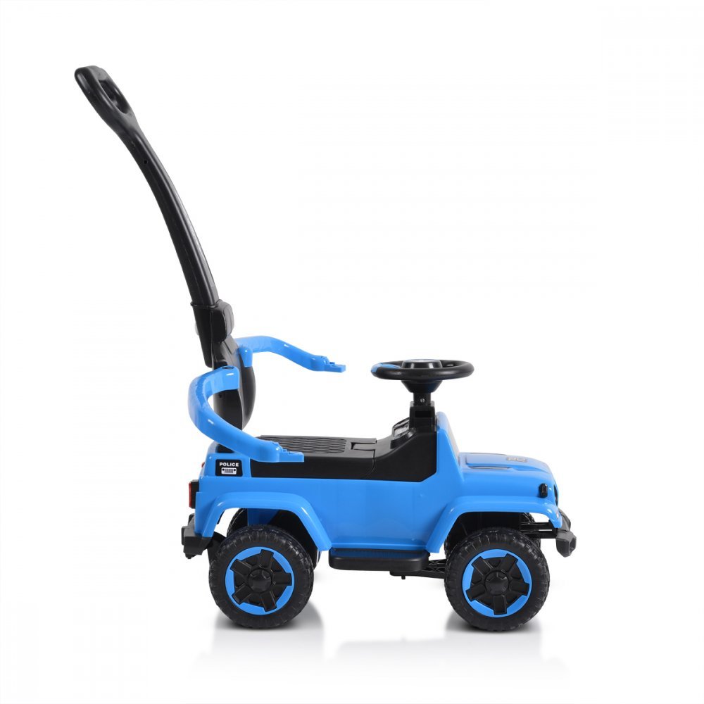Masinuta copii fara pedale Moni Police Blue cu maner parental detasabil, suport pentru picioare,  protectie care previne rasturnarea pe spate a copilului, volan cu melodii distractive, bara de protectie – imaginea 7