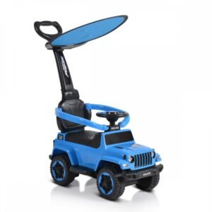 Masinuta copii fara pedale Moni Police Blue cu maner parental detasabil, suport pentru picioare,  protectie care previne rasturnarea pe spate a copilului, volan cu melodii distractive, bara de protectie