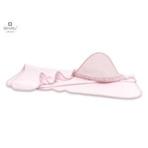 Prosop mare MimiNu cu gluga si volanas 100x100 cm din bumbac si thermo fleece Royal powder pink