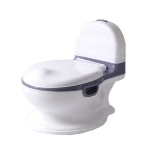 Olita pentru copii, Little Mom Baby Potty Grey, model realist, cu vas colector detasabil, suport pentru servetele, capac rabatabil cu functie de spatar ergonomic, manere de sustinere si baza antiderapanta