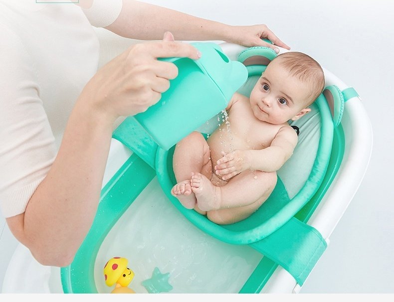 Hamac cadita Little Mom Baby Bath Tub Bear Mint moale, versatila, cu uscare rapida, varsta 0-6 luni – imaginea 2
