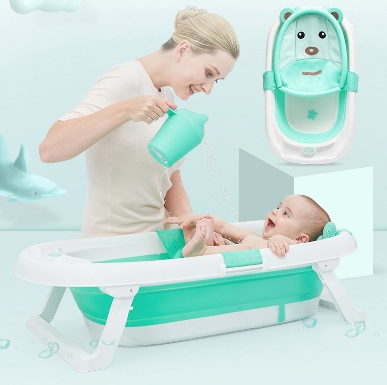 Hamac cadita Little Mom Baby Bath Tub Bear Mint moale, versatila, cu uscare rapida, varsta 0-6 luni – imaginea 3