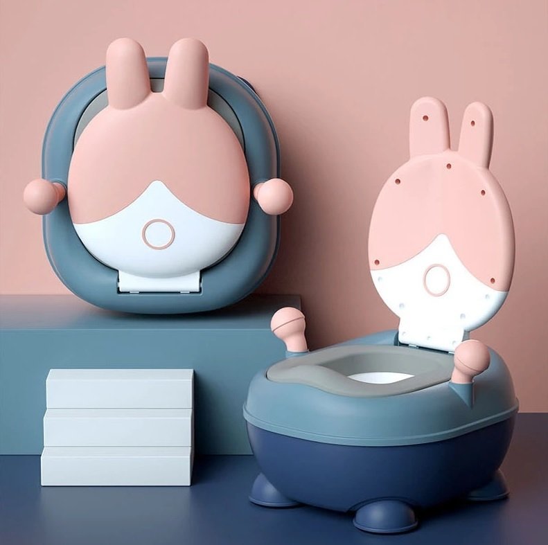 Olita pentru copii Little Mom Rabbit Pink, cu adaptor moale din PU, vas colector detasabil, capac rabatabil cu functie de spatar ergonomic, picioruse antiaderente, dimensiune 36 x 32.5 x 53 cm – imaginea 2