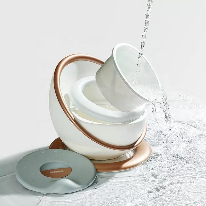 Olita pentru copii Little Mom Space Gold, design ergonomic, elegant si modern, cu adaptor moale din spuma PU, vas colector detasabil, baza anti-alunecare, dimensiune 33.5 x 33.5 x 31 cm – imaginea 2