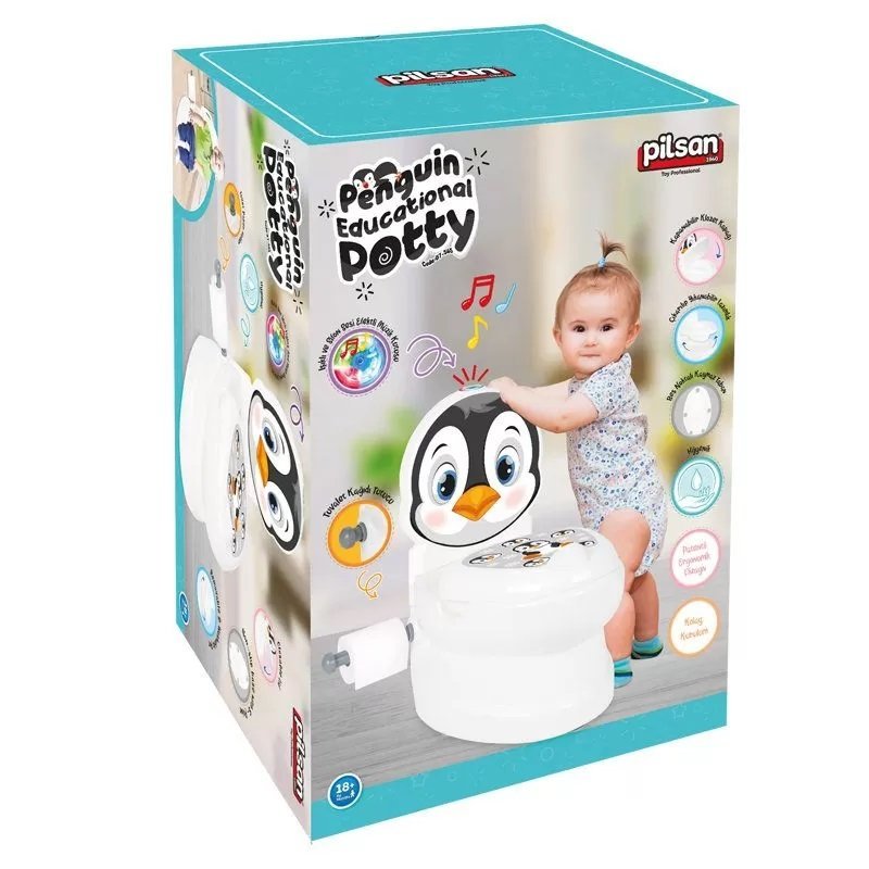 Olita educationala muzicala Pilsan Pinguin cu baza antialunecare,suport hartie igienica si vas colectare detasabil,design ergonomic,cutie muzicala iluminata cu efect de sunet sifon – imaginea 3