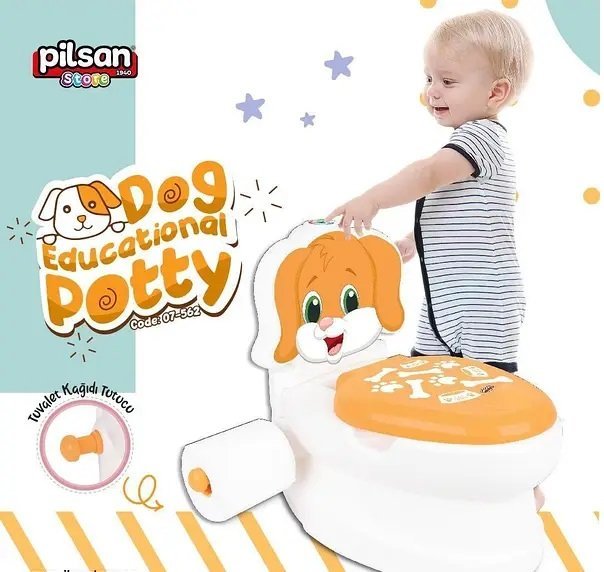 Olita educationala muzicala Pilsan Puppy cu baza antialunecare,suport hartie igienica si vas colectare detasabil,design ergonomic,cutie muzicala iluminata cu efect de sunet sifon – imaginea 2