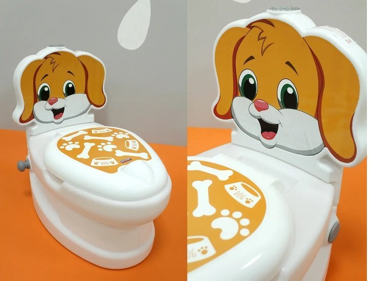 Olita educationala muzicala Pilsan Puppy cu baza antialunecare,suport hartie igienica si vas colectare detasabil,design ergonomic,cutie muzicala iluminata cu efect de sunet sifon – imaginea 4
