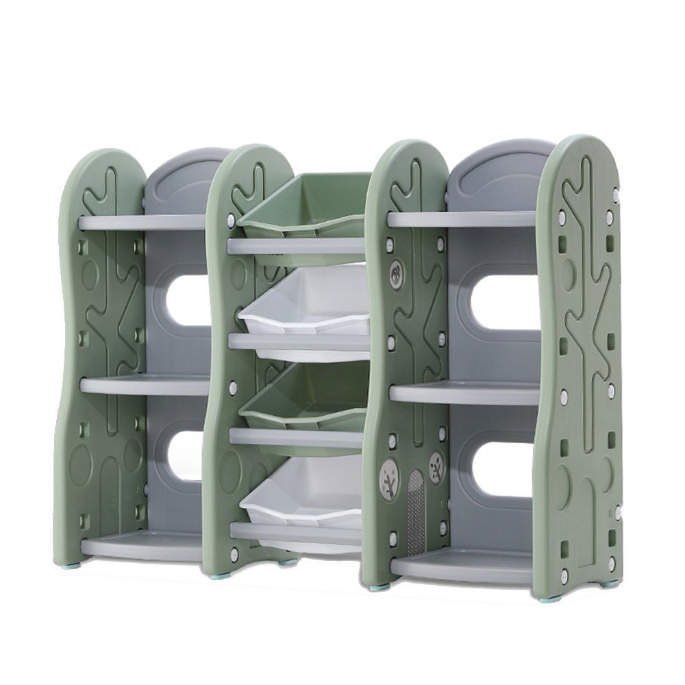 Raft organizator jucarii pentru copii Nichiduta Tree Green cu 4 cutii si 6 rafturi,robust cu margini rotunjite,ideal pentru acasa,crese si gradinite – imaginea 3