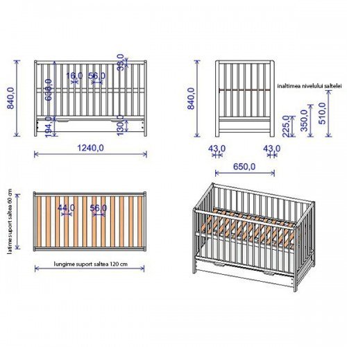 Patut copii din lemn Dominic 120×60 cm alb cu sertar