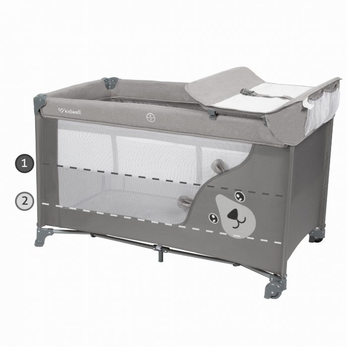 Patut pentru copii Kidwell Blissy 3 in 1 Gray pliabil, cu 2 nivele, usita cu fermoar, roti cu blocare, masuta de infasat si organizator