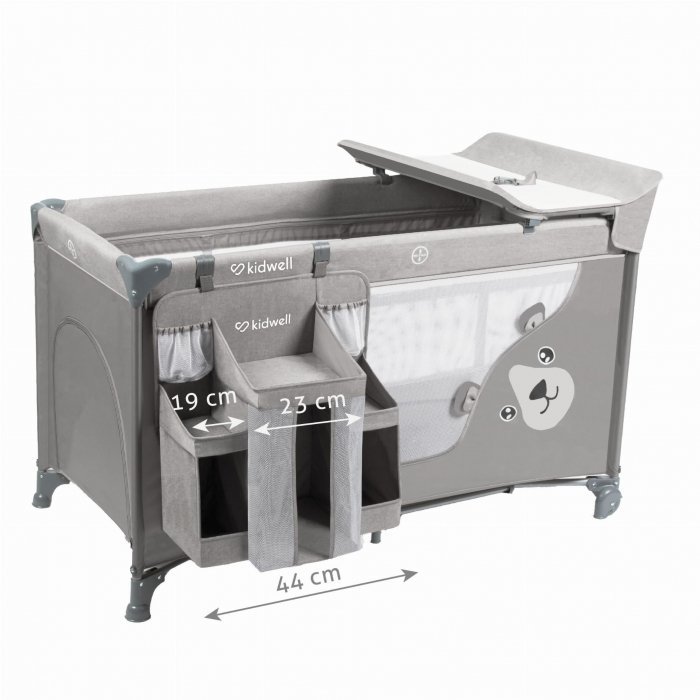 Patut pentru copii Kidwell Blissy 3 in 1 Gray pliabil, cu 2 nivele, usita cu fermoar, roti cu blocare, masuta de infasat si organizator – imaginea 8