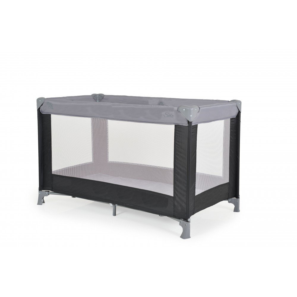 Patut pliabil de calatorie Moni Solo Grey cu un nivel,pliere compacta,saltea pliabila si geanta transport incluse,laterale cu plasa de ventilatie,usa de acces cu fermoar,ideal pentru calatorii sau vizite la bunici