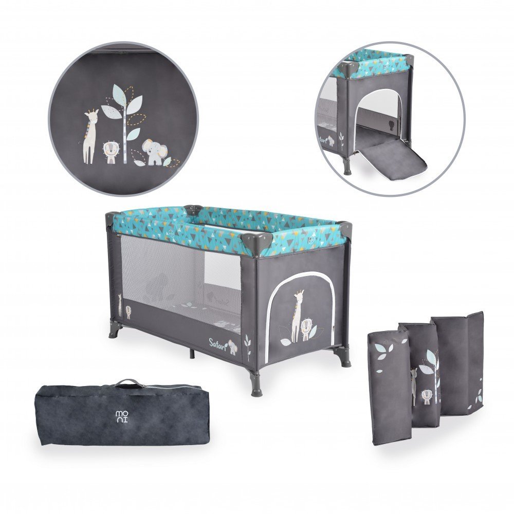 Patut pliabil pentru copii Moni Safari Turquoise 125x62x75 cm cu un nivel,Deschidere laterala cu fermoar,Saltea pliabila si geanta transport incluse,de la 0 luni pana la 15 kg – imaginea 7