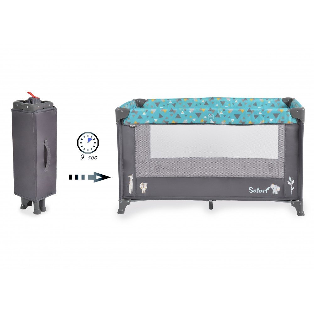 Patut pliabil pentru copii Moni Safari Turquoise 125x62x75 cm cu un nivel,Deschidere laterala cu fermoar,Saltea pliabila si geanta transport incluse,de la 0 luni pana la 15 kg