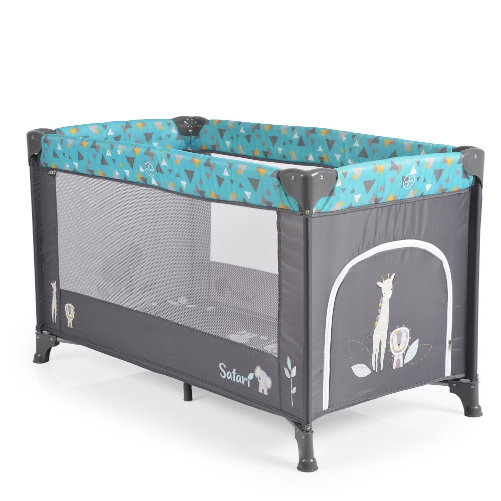 Patut pliabil pentru copii Moni Safari Turquoise 125x62x75 cm cu un nivel,Deschidere laterala cu fermoar,Saltea pliabila si geanta transport incluse,de la 0 luni pana la 15 kg – imaginea 4