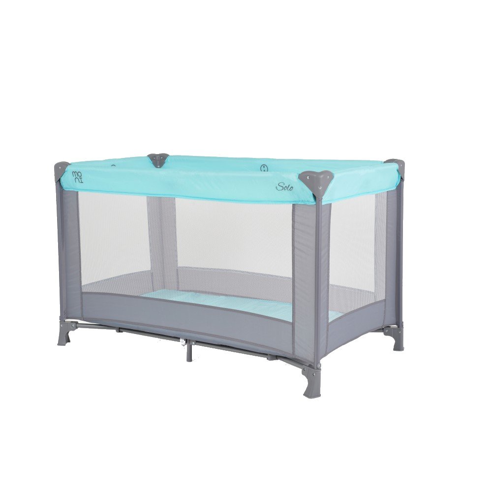 Patut pliabil de calatorie Moni Solo Mint cu un nivel,pliere compacta,saltea pliabila si geanta transport incluse,laterale cu plasa de ventilatie,usa de acces cu fermoar,ideal pentru calatorii sau vizite la bunici – imaginea 6