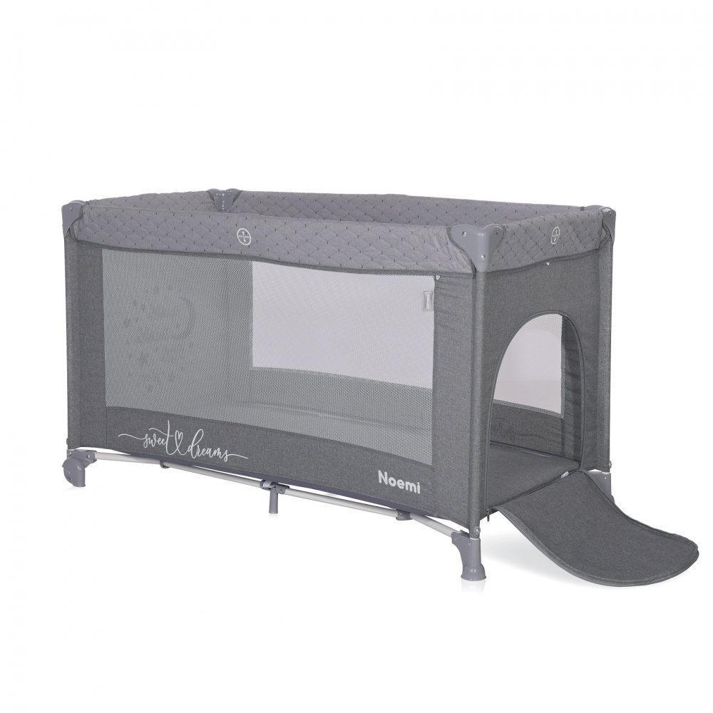 Patut Lorelli Noemi Cool Grey Star pliabil, cu 1 nivel, laterala cu fermoar, roti cu sistem de blocare, salteluta si geanta de transport incluse