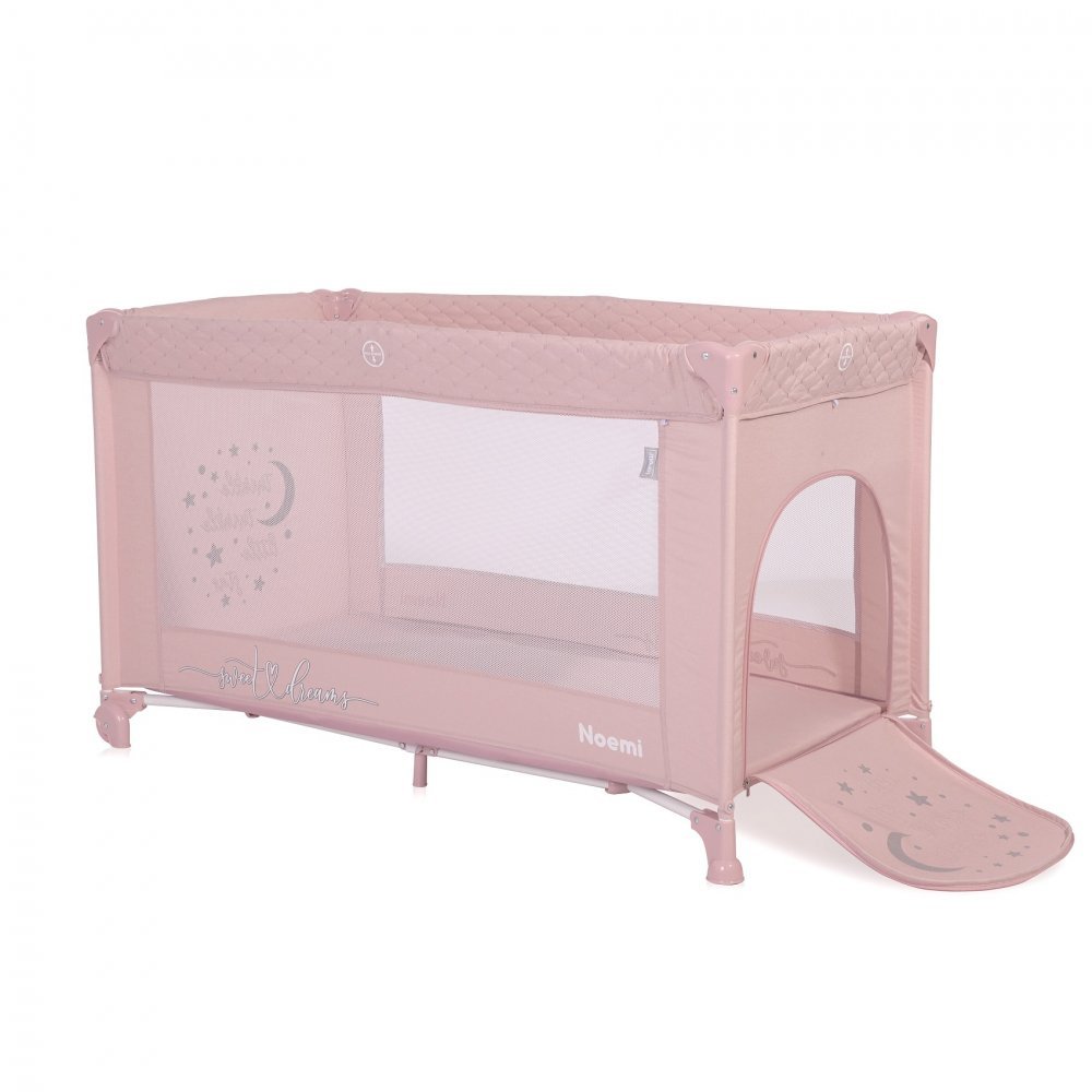 Patut Lorelli Noemi Mellow Rose Star pliabil, cu 1 nivel, laterala cu fermoar, roti cu sistem de blocare, salteluta si geanta de transport incluse – imaginea 3