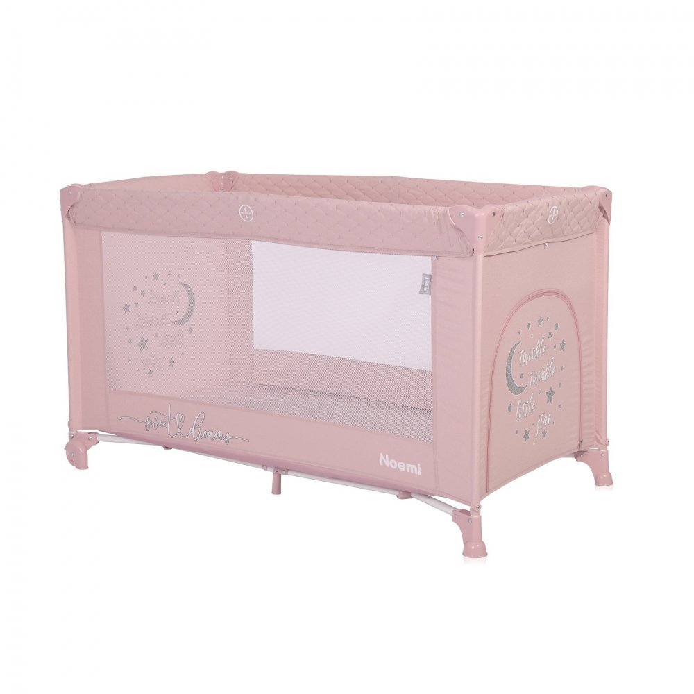 Patut Lorelli Noemi Mellow Rose Star pliabil, cu 1 nivel, laterala cu fermoar, roti cu sistem de blocare, salteluta si geanta de transport incluse – imaginea 4