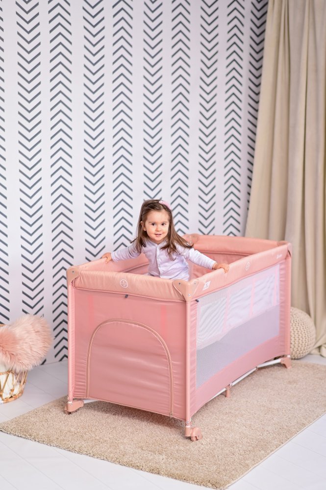Patut Lorelli Torino Fog Striped Elements pliabil, cu 2 nivele, usita cu fermoar, eori cu sistem de blocare, salteluta si geanta de transport incluse – imaginea 3