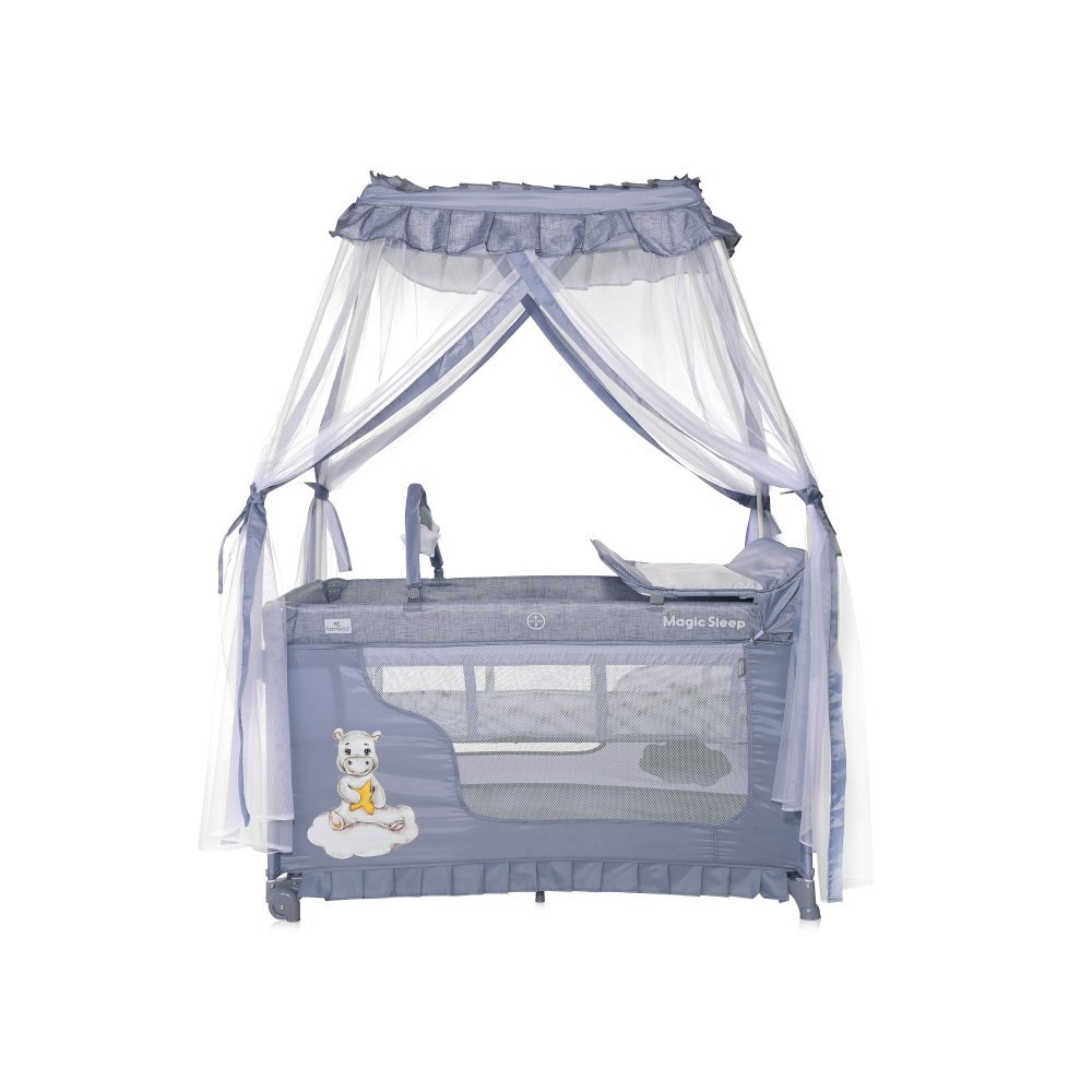 Patut pliabil stil baldachin Magic Sleep Cool Grey Hippo cu 2 nivele, usa laterala cu fermoar, roti, accesorii incluse – imaginea 2