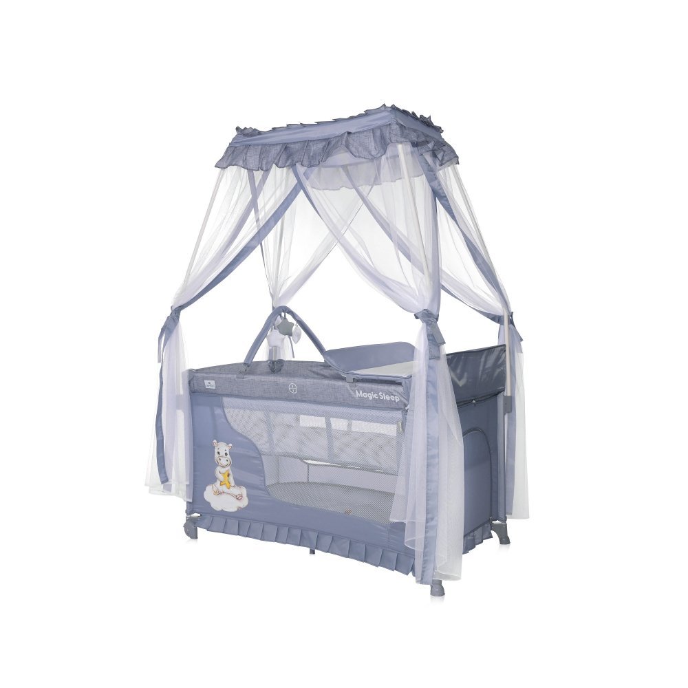 Patut pliabil stil baldachin Magic Sleep Cool Grey Hippo cu 2 nivele, usa laterala cu fermoar, roti, accesorii incluse – imaginea 4