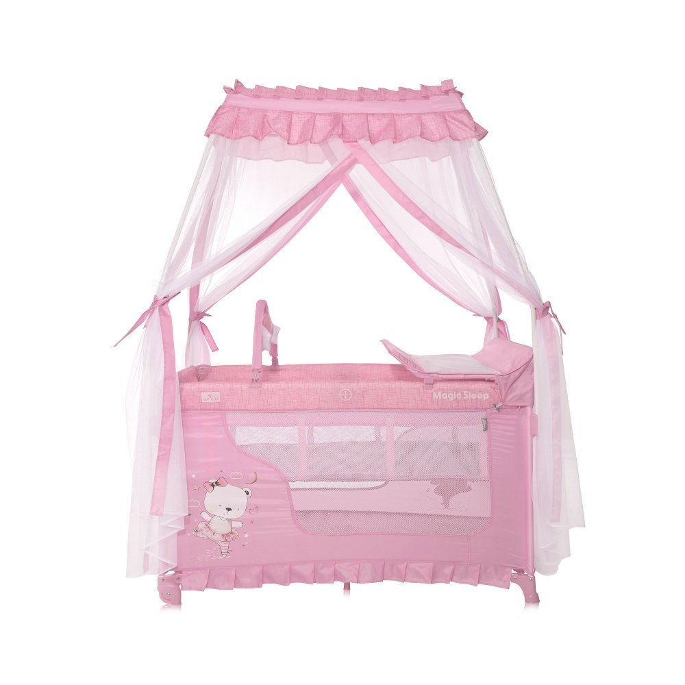 Patut pliabil stil baldachin Magic Sleep Mellow Rose Ballerina Bear cu 2 nivele, usa laterala cu fermoar, roti, accesorii incluse – imaginea 2