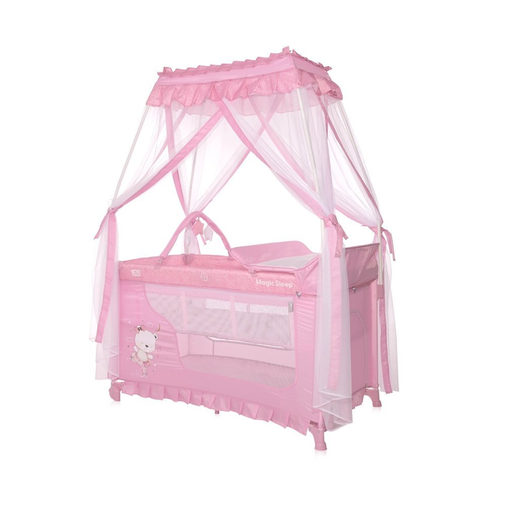 Patut pliabil stil baldachin Magic Sleep Mellow Rose Ballerina Bear cu 2 nivele, usa laterala cu fermoar, roti, accesorii incluse – imaginea 4