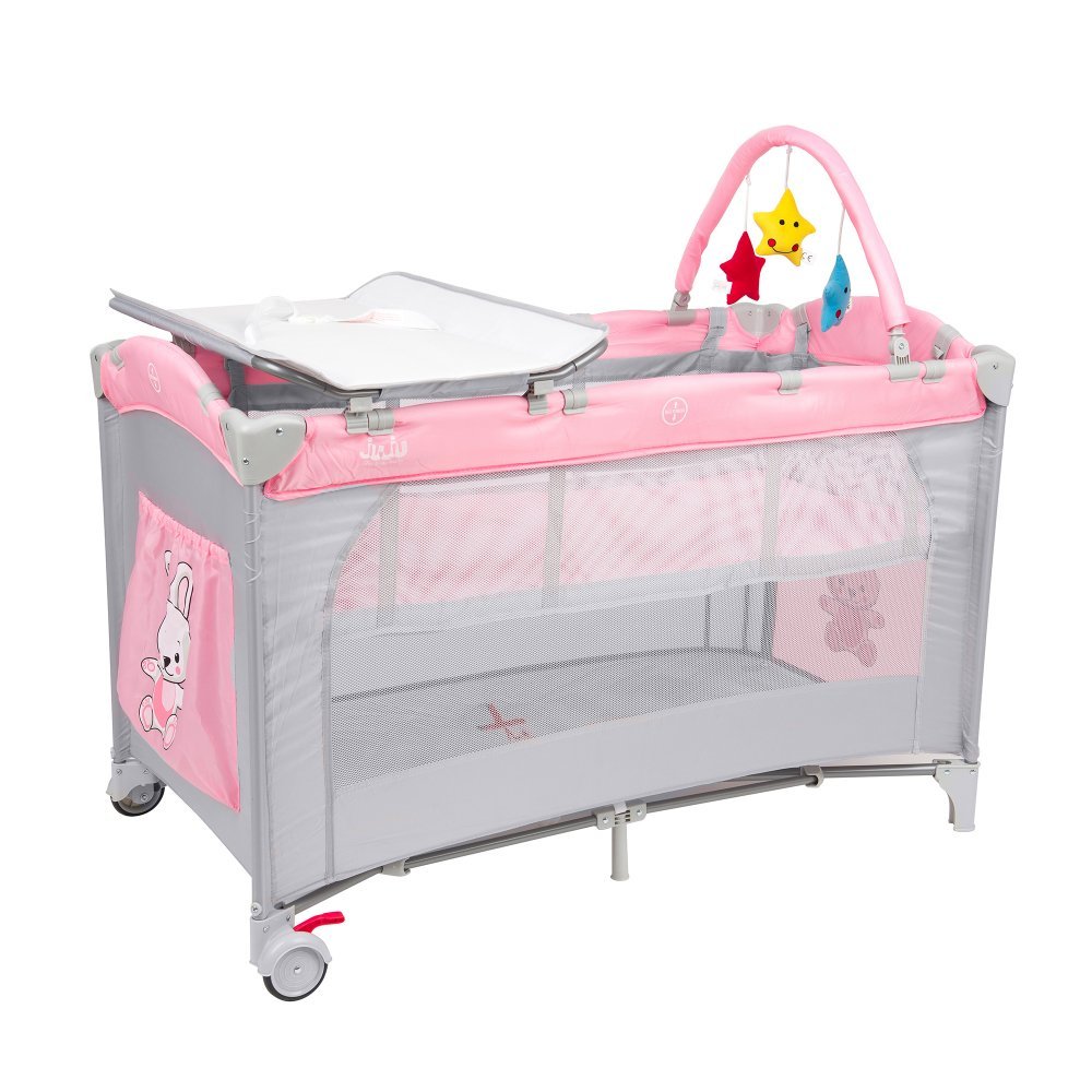 Patut pentru copii Juju Sleepy Baby Hunny Bunny pliabil, roti cu blocare, bara de jucarii, salteluta de infasat, geanta de transport, usita laterala cu fermoar, dimensiuni 125 L x 65 l x 78 cm – imaginea 8
