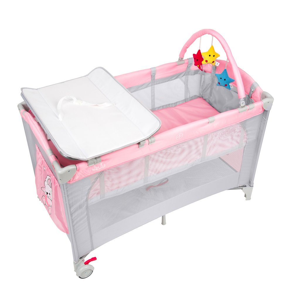Patut pentru copii Juju Sleepy Baby Hunny Bunny pliabil, roti cu blocare, bara de jucarii, salteluta de infasat, geanta de transport, usita laterala cu fermoar, dimensiuni 125 L x 65 l x 78 cm – imaginea 2
