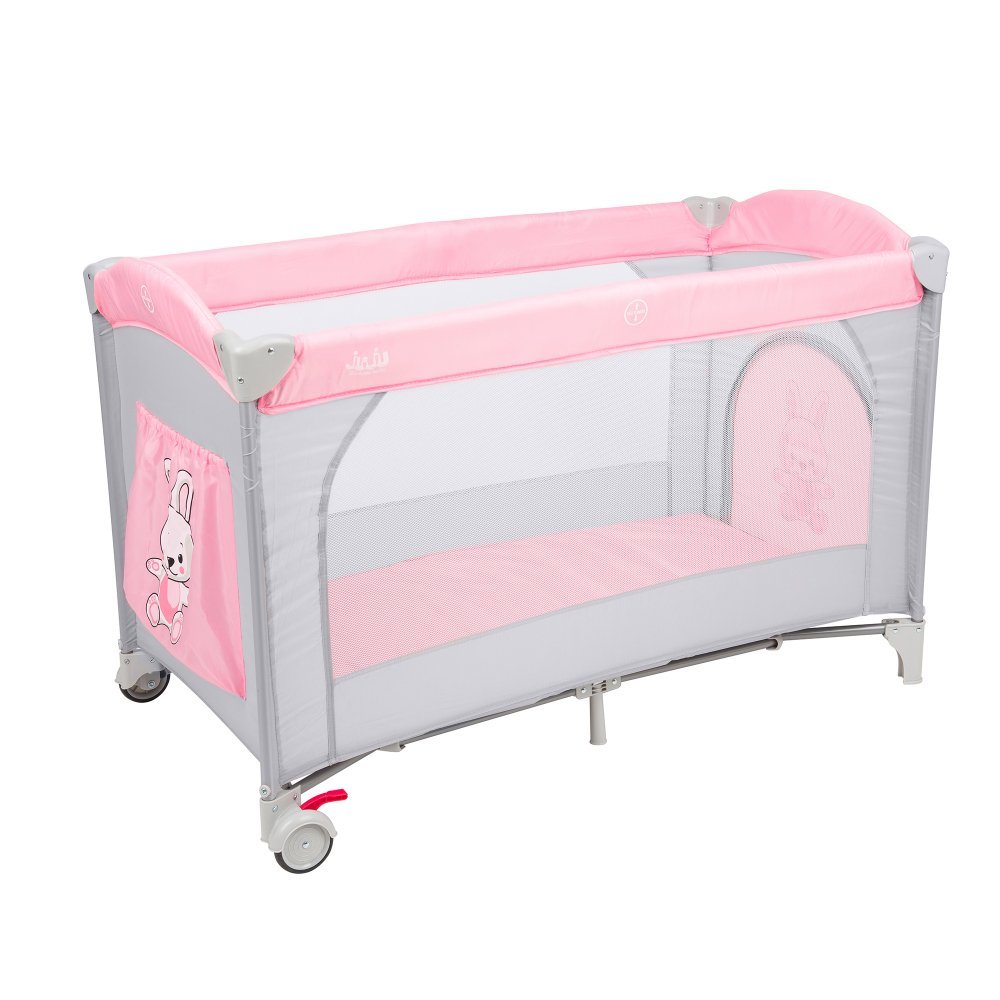 Patut pentru copii Juju Sleepy Baby Hunny Bunny pliabil, roti cu blocare, bara de jucarii, salteluta de infasat, geanta de transport, usita laterala cu fermoar, dimensiuni 125 L x 65 l x 78 cm – imaginea 4