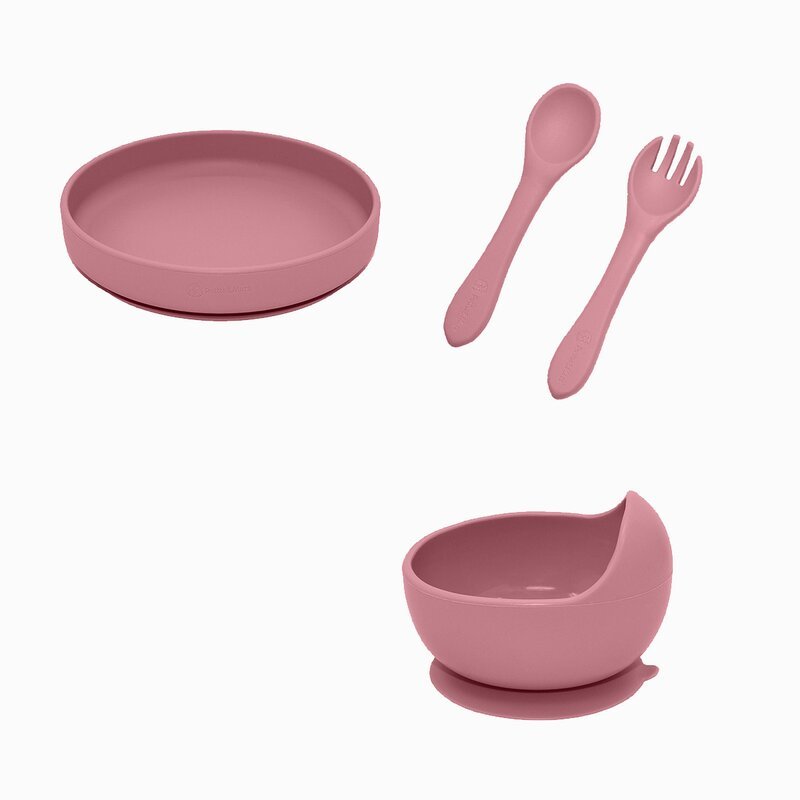 Set de hranire PetiteMars cu farfurie bol si tacamuri din silicon fara BFA roz – imaginea 5
