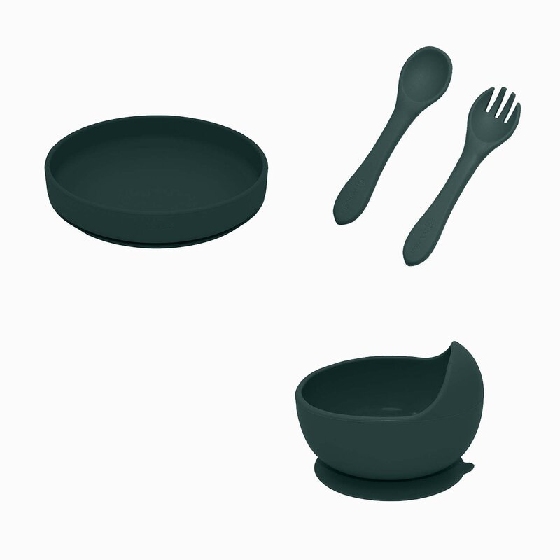 Set de hranire PetiteMars cu farfurie bol si tacamuri din silicon fara BFA verde inchis – imaginea 5