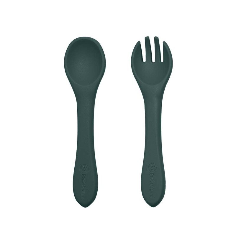 Set de hranire PetiteMars cu farfurie bol si tacamuri din silicon fara BFA verde inchis – imaginea 4