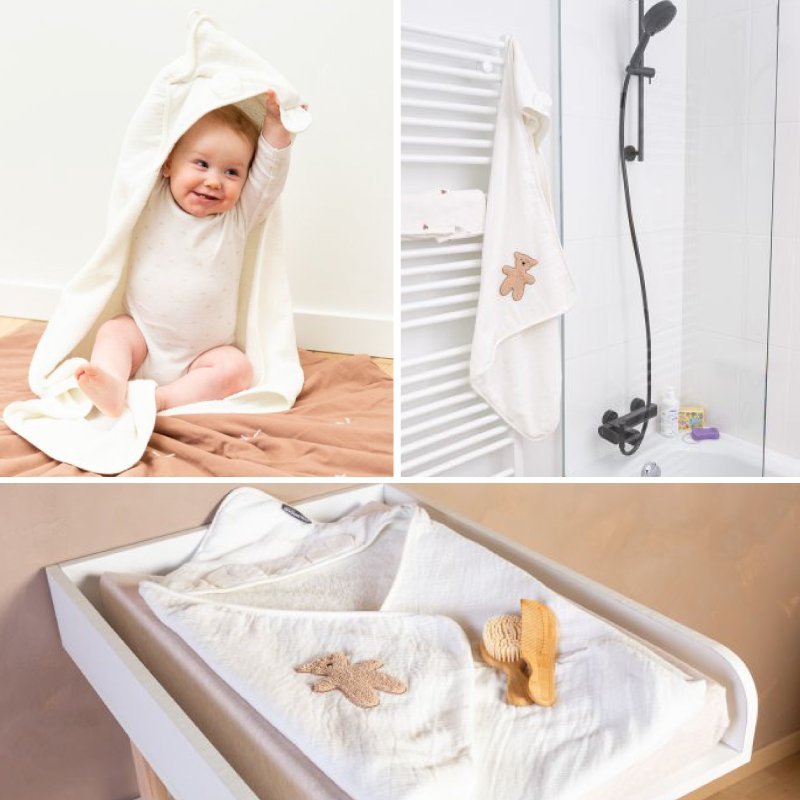 Prosop cu gluga si manusa de baie Childhome 80×80 cm Muselina Terry Teddy – imaginea 3