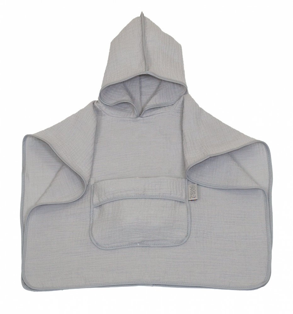 Prosop 60×65 cm din bumbac muselina cu gluga si buzunar pentru bebelusi si copii Amy Poncho gri – imaginea 5