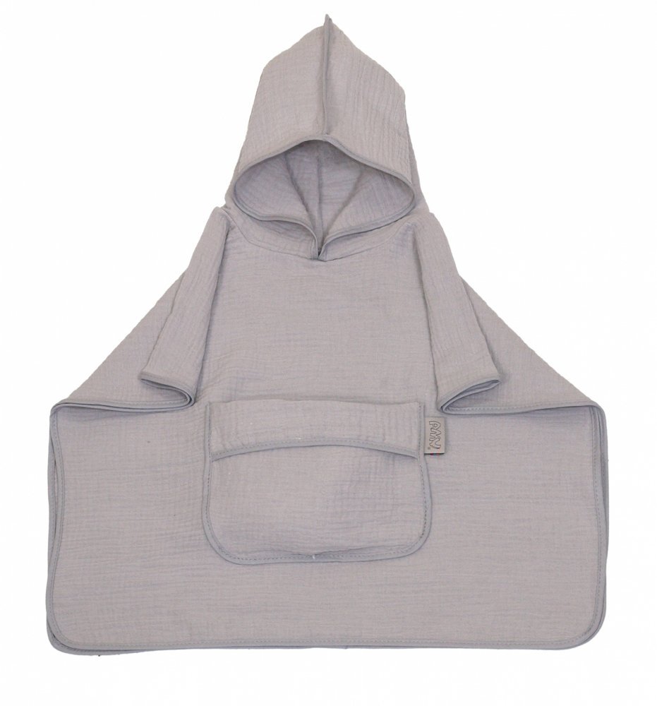 Prosop 60×65 cm din bumbac muselina cu gluga si buzunar pentru bebelusi si copii Amy Poncho gri
