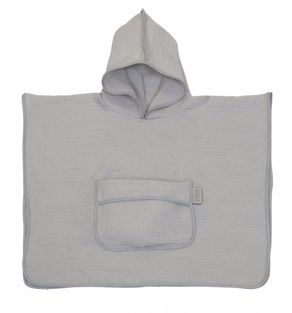 Prosop 60×65 cm din bumbac muselina cu gluga si buzunar pentru bebelusi si copii Amy Poncho gri – imaginea 2