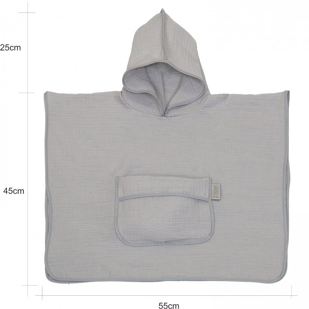 Prosop 60×65 cm din bumbac muselina cu gluga si buzunar pentru bebelusi si copii Amy Poncho gri – imaginea 4