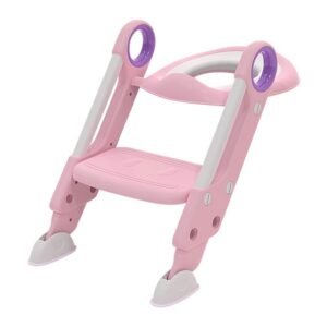 Reductor pentru toaleta Little Mom Sturdy Pink pliabil, cu scarita, sezut moale, suprafata antiderapanta, reglabil pe inaltime