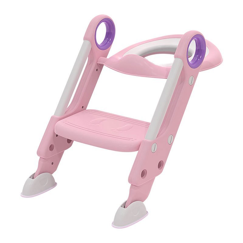 Reductor pentru toaleta Little Mom Sturdy Pink pliabil, cu scarita, sezut moale, suprafata antiderapanta, reglabil pe inaltime
