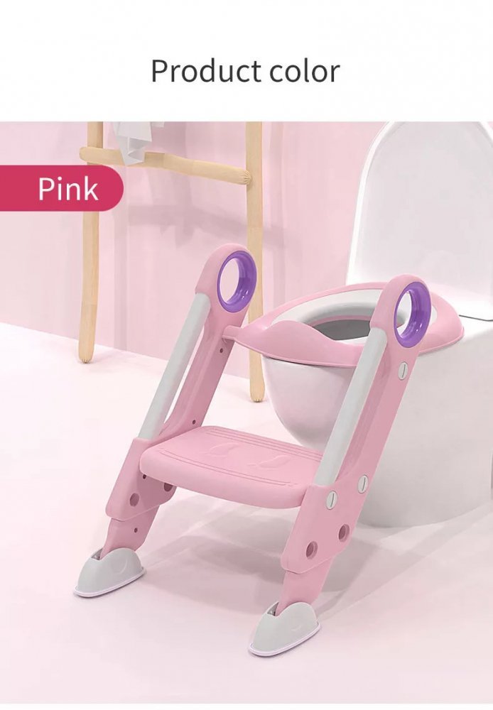 Reductor pentru toaleta Little Mom Sturdy Pink pliabil, cu scarita, sezut moale, suprafata antiderapanta, reglabil pe inaltime – imaginea 2