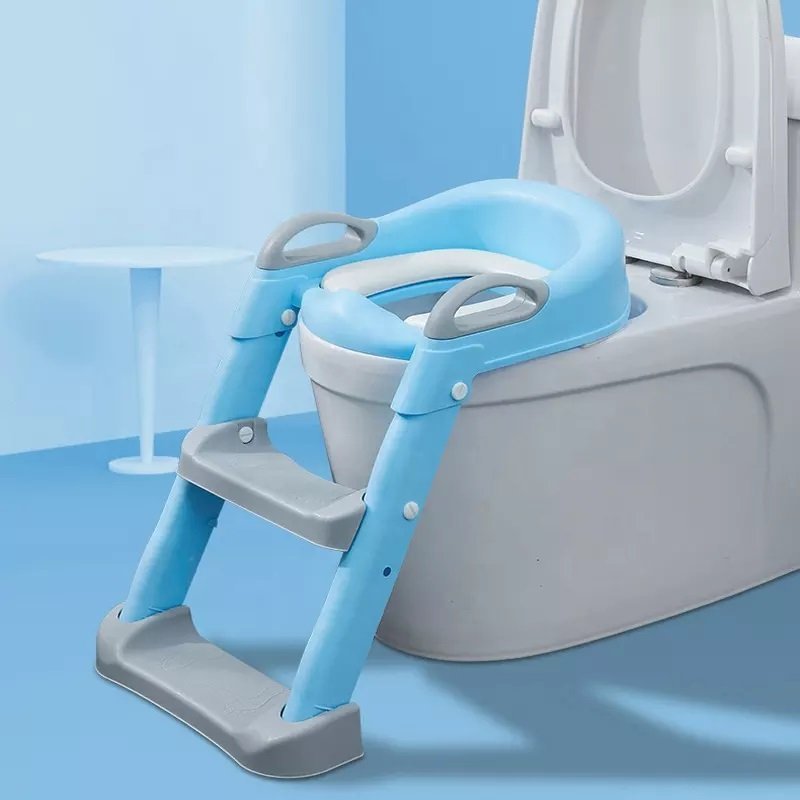 Reductor toaleta pentru copii Little Mom Grow Up Blue, pliabil, cu manere ergonomice si treapta reglabila pe 2 nivele de inaltime, colac moale din spuma PU, design anti-stropire