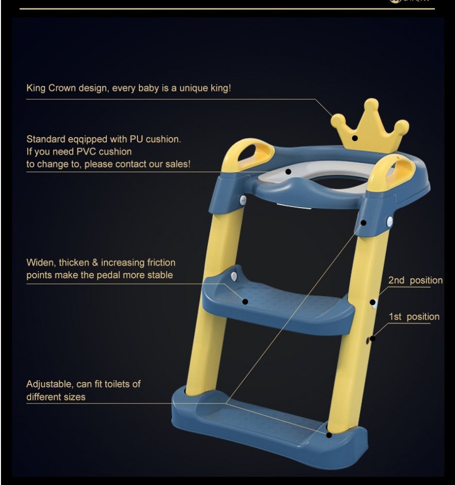 Reductor WC pentru copii Little Mom Royal YellowBlue, pliabil,cu scarita antiderapanta, inaltime ajustabila, colac moale din spuma PU, manerele laterale ergonomice, Baza Antiderapanta, Compatibilitate Universala
