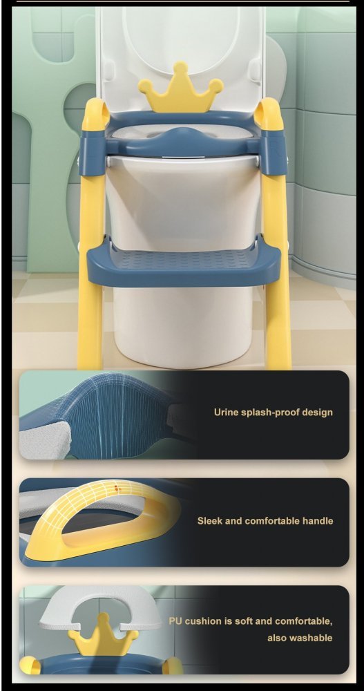 Reductor WC pentru copii Little Mom Royal YellowBlue, pliabil,cu scarita antiderapanta, inaltime ajustabila, colac moale din spuma PU, manerele laterale ergonomice, Baza Antiderapanta, Compatibilitate Universala – imaginea 2