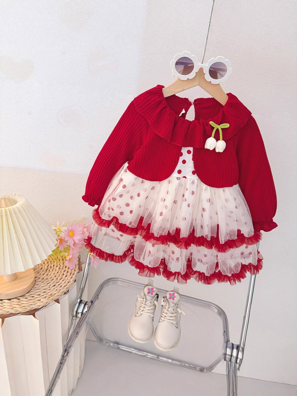 Rochiță Elegantă Fetițe Alb cu Roșu Ruxandra – 18-24 luni – imaginea 2